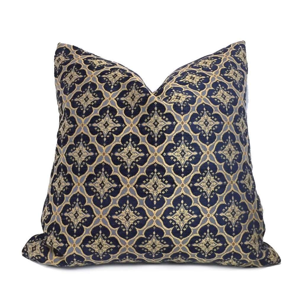 Kravet Couture Ornament Accent Indigo Navy Blue Gold Geometric Diamond Tile Pillow Cover by Aloriam