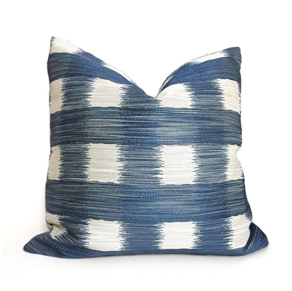 Kravet Ikat Plaid Checks Blue Off-White Geometric Pillow Cover by Aloriam Pillows