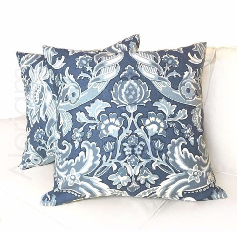 Kravet Lorton Blue White Damask Print Linen Pillow Cover Cushion Pillow Case Euro Sham 16x16 18x18 20x20 22x22 24x24 26x26 28x28 Lumbar Pillow 12x18 12x20 12x24 14x20 16x26 by Aloriam