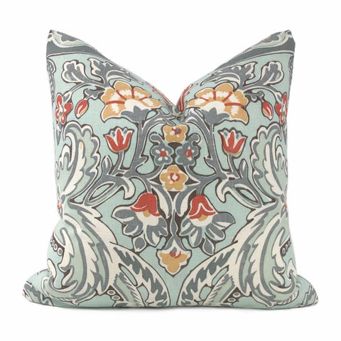 Kravet Lorton Light Blue Orange Gray White Damask Linen Throw Pillow Cushion Cover - Aloriam