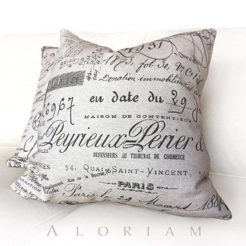 Ballard French Document Script Calligraphy Beige Brown Pillow Cushion Cover