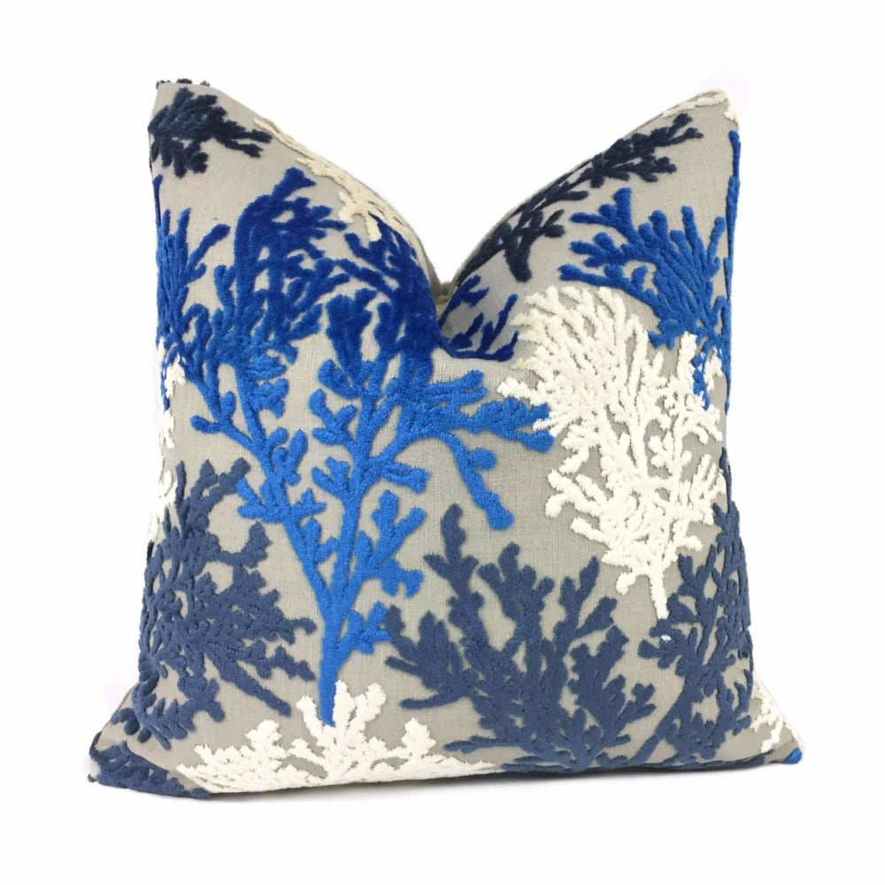 Cobalt Blue Navy Cream Beige Coral Reef Cut Velvet Pillow Cover