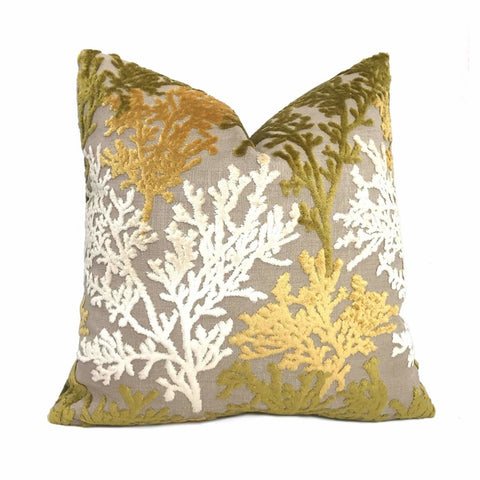 Designer Coral Reef Cut Velvet Lagoon Yellow Cream Green Beige Pillow Cover by Aloriam