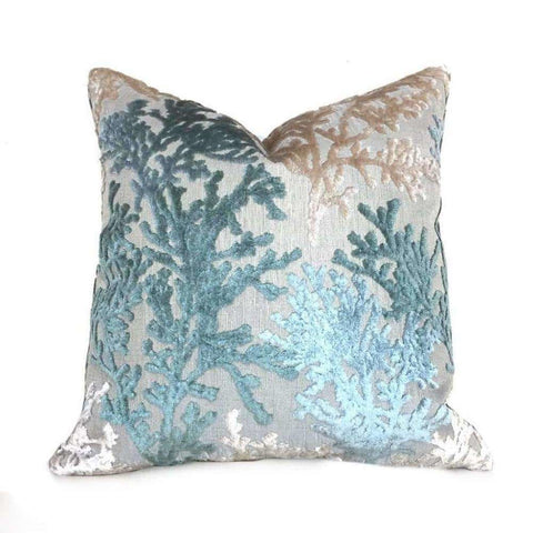 Coral Reef Cut Velvet Lagoon Green Beige Pillow Cover by Aloriam