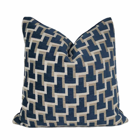 Latimer Navy Blue Taupe Geometric Blocks Pillow Cover - Aloriam