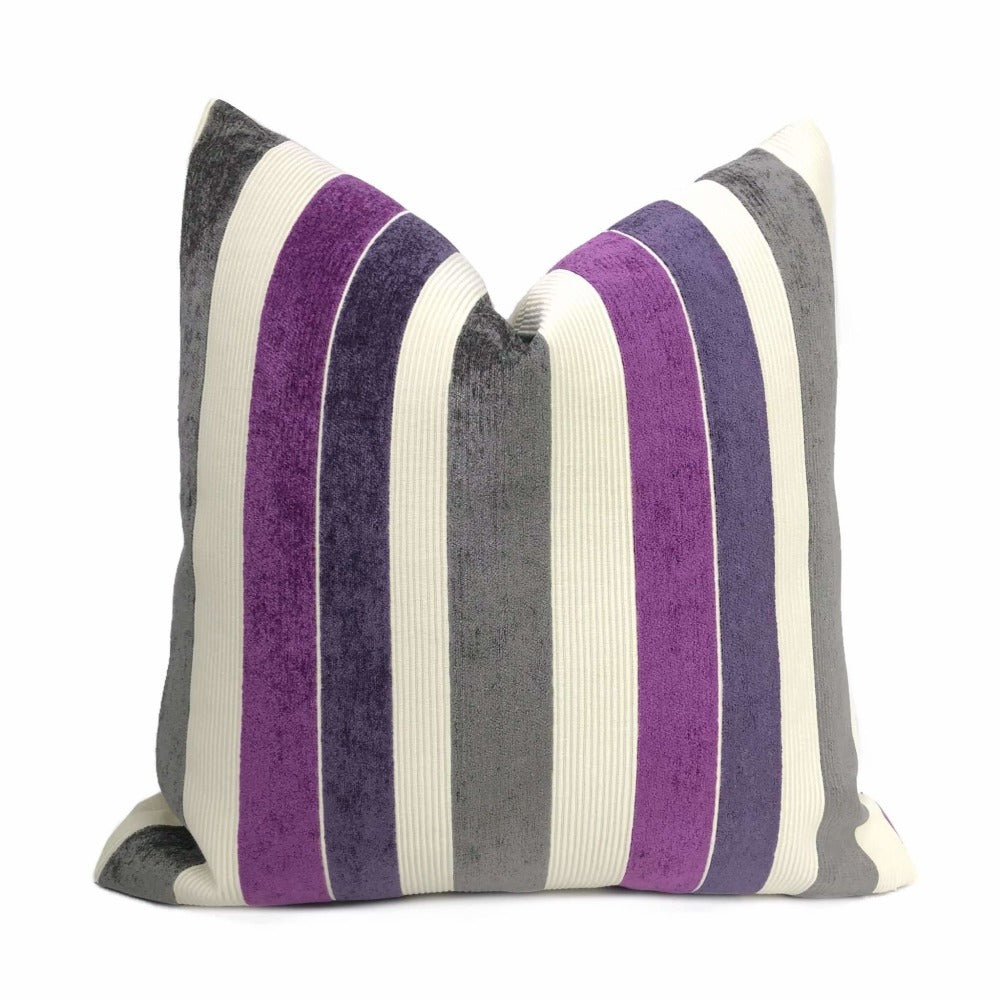 Lawrence Purple Gray & Cream Chenille Stripe Pillow Cover Cushion Pillow Case Euro Sham 16x16 18x18 20x20 22x22 24x24 26x26 28x28 Lumbar Pillow 12x18 12x20 12x24 14x20 16x26 by Aloriam