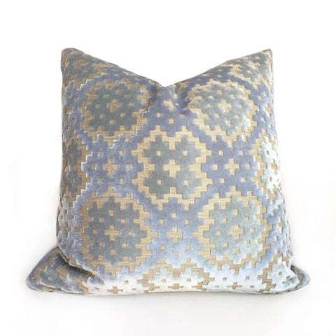 Light Blue Green Geometric Mosaic Cut Velvet Pillow Cover by Aloriam