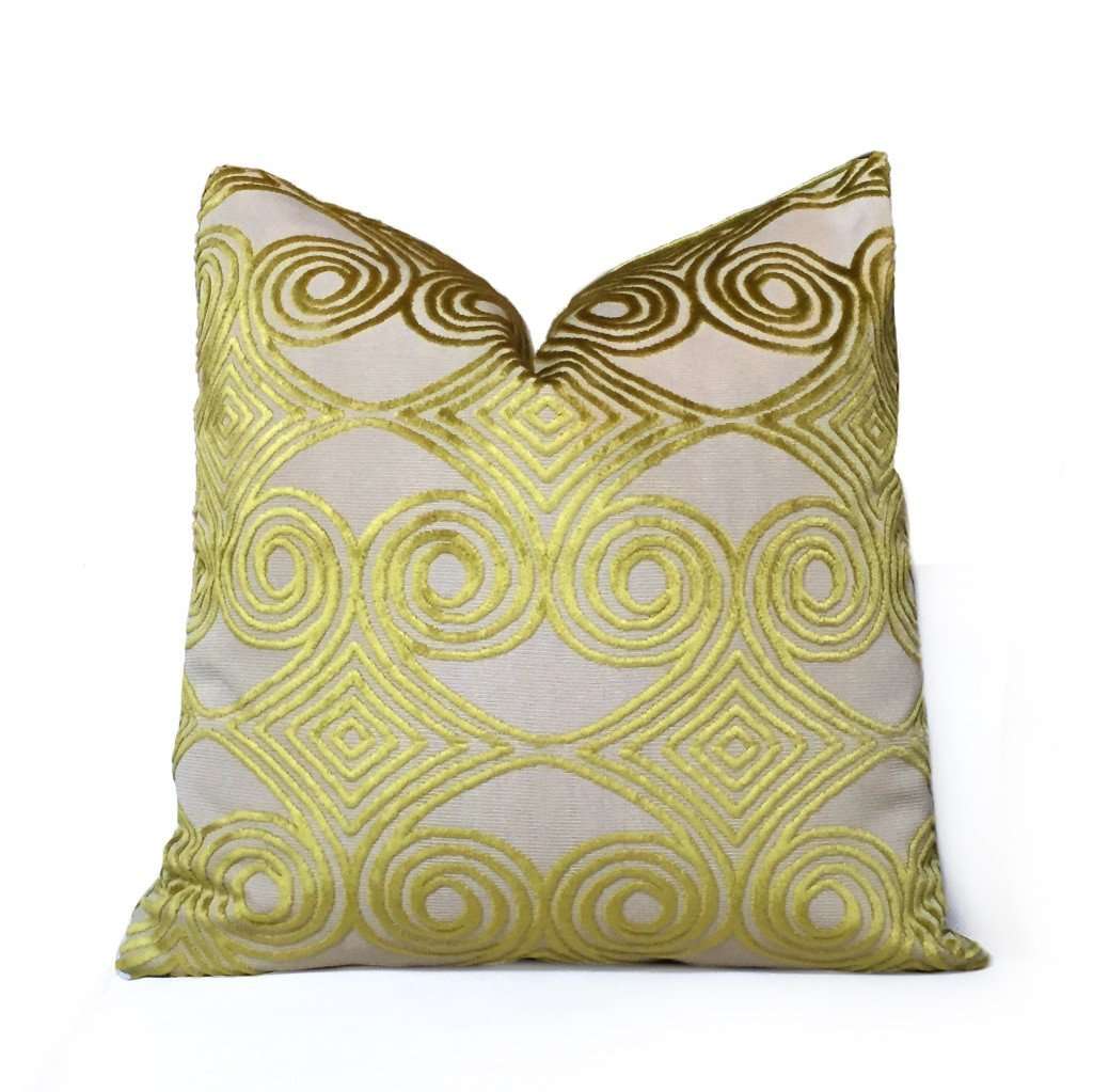 Designer Lime Green Gold Beige Cut Velvet Scrollwork Geometric Pillow Cover