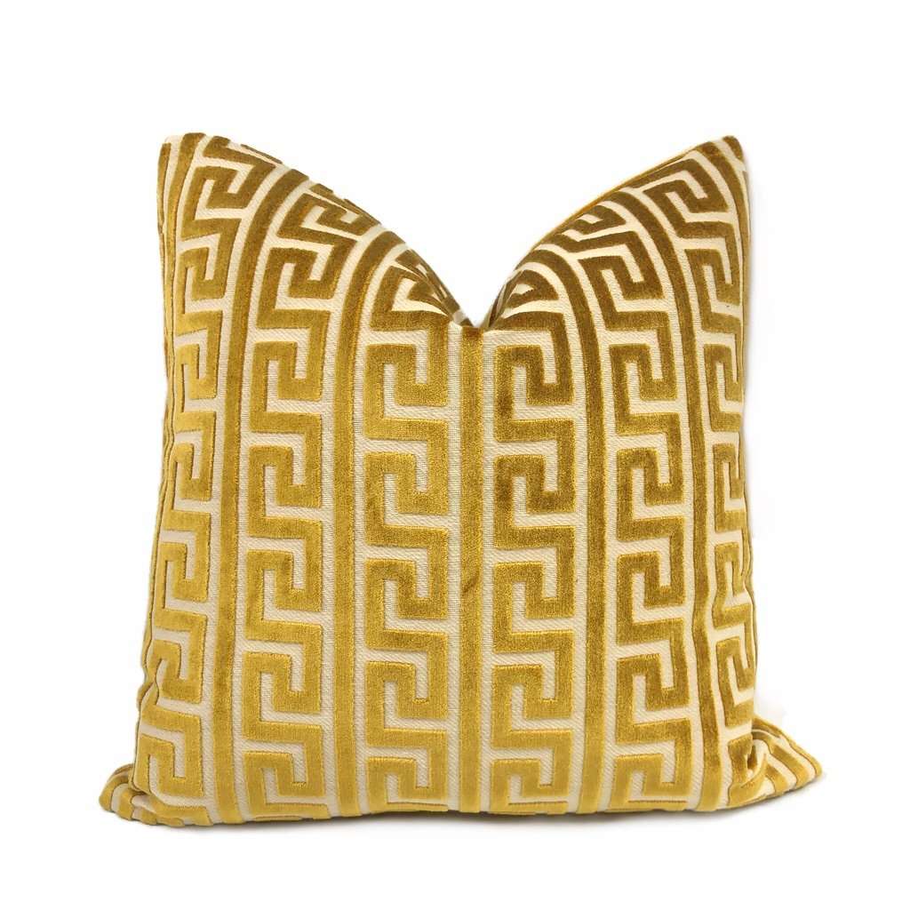 Logan Gold Greek Key Stripe Cut Velvet Pillow Cover Cushion Pillow Case Euro Sham 16x16 18x18 20x20 22x22 24x24 26x26 28x28 Lumbar Pillow 12x18 12x20 12x24 14x20 16x26 by Aloriam