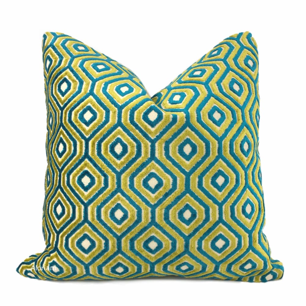 Loren Teal Blue-Green Chartreuse Geometric Cut Velvet Pillow Cover - Aloriam