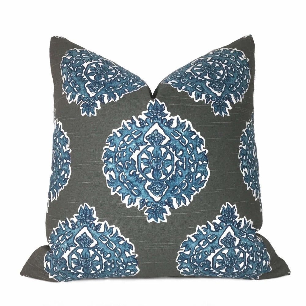 Madras Blue Gray Ethnic Motif Pillow Cover (Made from Lacefield Designs fabric) Cushion Pillow Case Euro Sham 16x16 18x18 20x20 22x22 24x24 26x26 28x28 Lumbar Pillow 12x18 12x20 12x24 14x20 16x26 by Aloriam