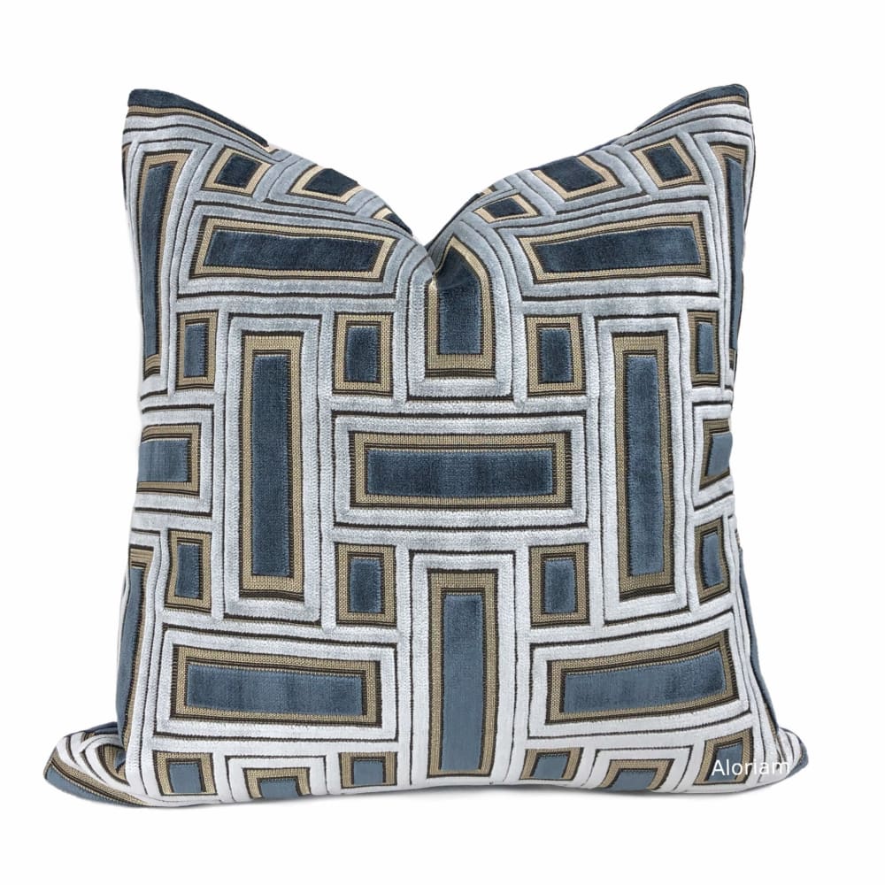Magnus Blue & Silver Geometric Blocks Cut Velvet Pillow Cover - Aloriam