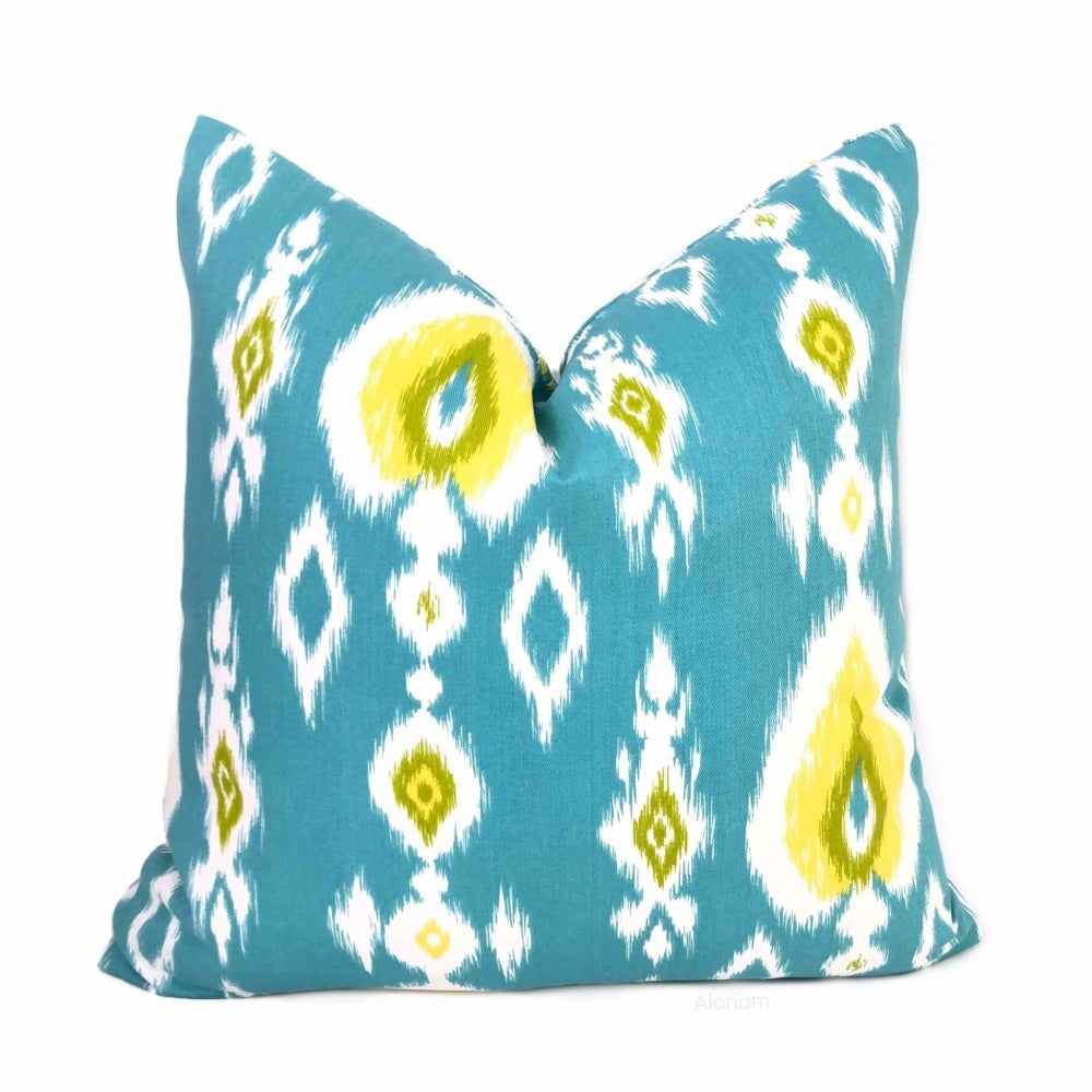 Malabar Turquoise Blue Yellow White Ikat Pillow Cover