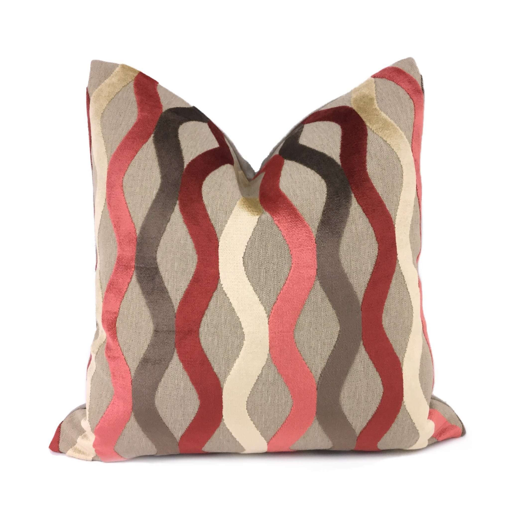 Marion Coral Rust Cream Beige Velvet Wave Stripes Pillow Cover