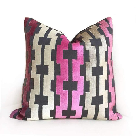 Pink Cream Taupe Gray Modern Velvet Geometric Stripe Pillow Cover by Aloriam