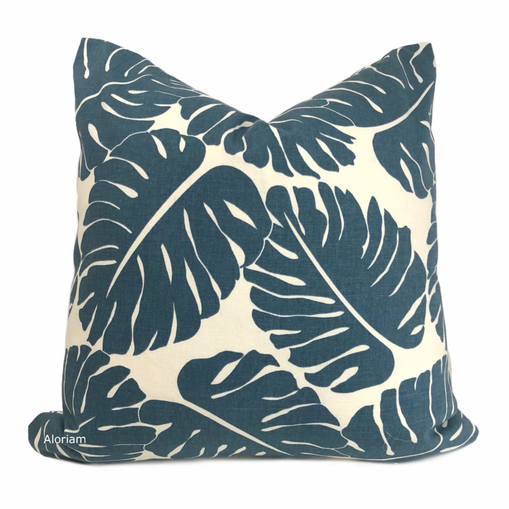 Martinique Dark Blue Modern Palm Leaf Print Pillow Cover - Aloriam