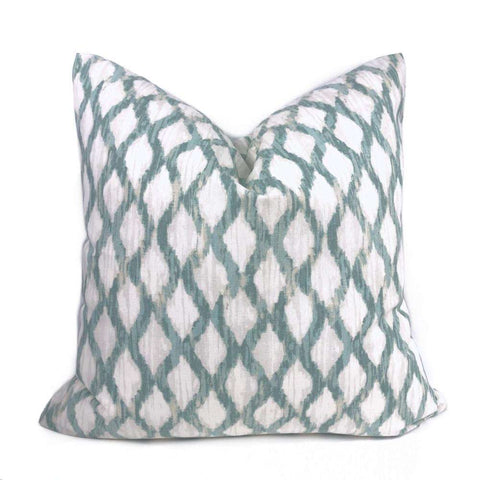 Meera Aqua Seaglass Green White Ikat Trellis Pillow Cover