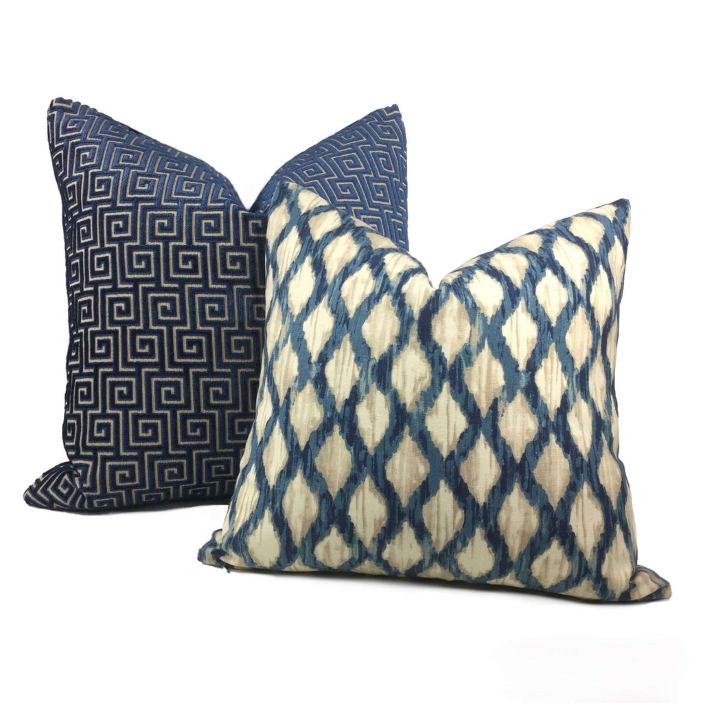 Meera Blue Beige Ikat Trellis Cotton Print Pillow Cover – Aloriam