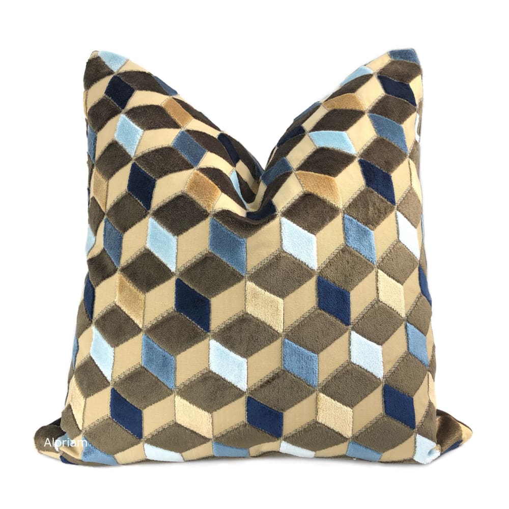 Metropol Geometric Cut Velvet Cubes Brown Blue Beige Pillow Cover - Aloriam