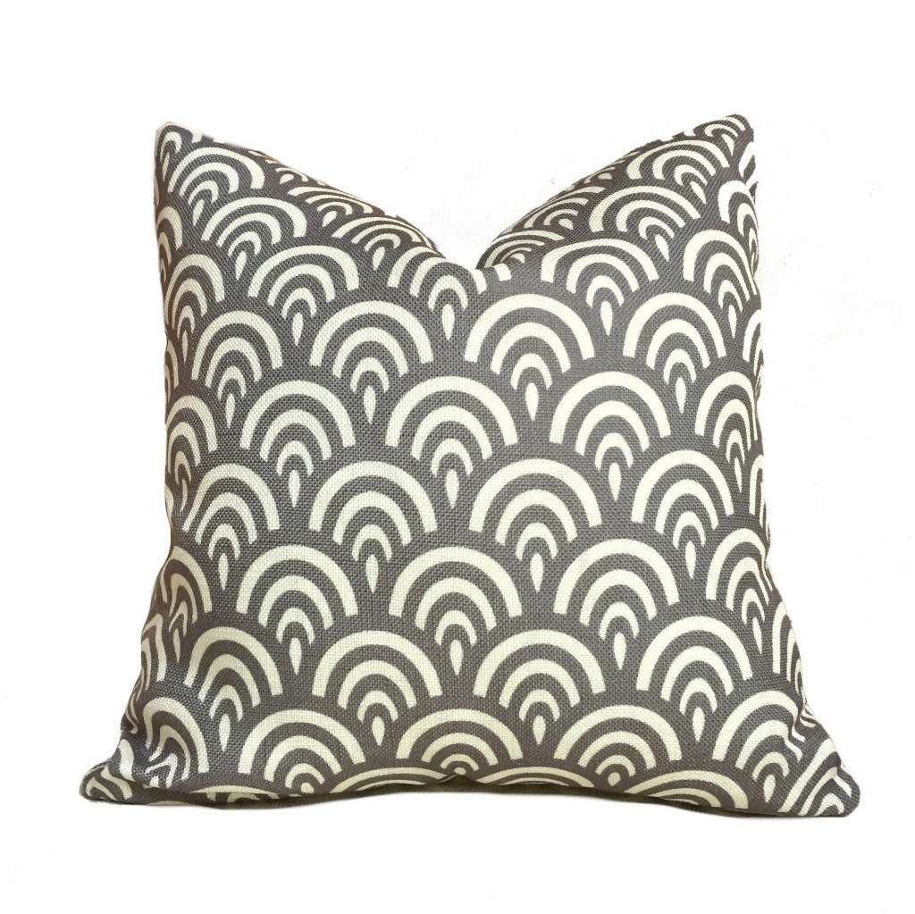 Modern Gray Ivory Cream Scallop Geometric Pattern Pillow Cover