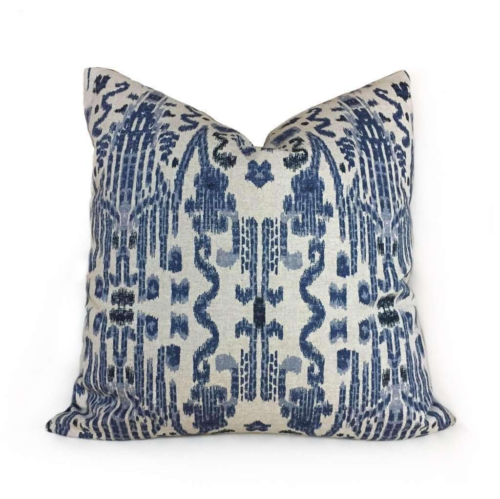 Lacefield Mumbai Blue Beige Ikat Cotton Print Pillow Cover