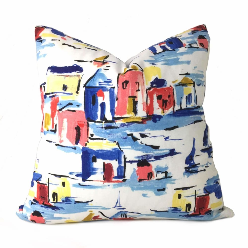 Greek Islands Blue Red Yellow White Cotton Print Pillow Cover