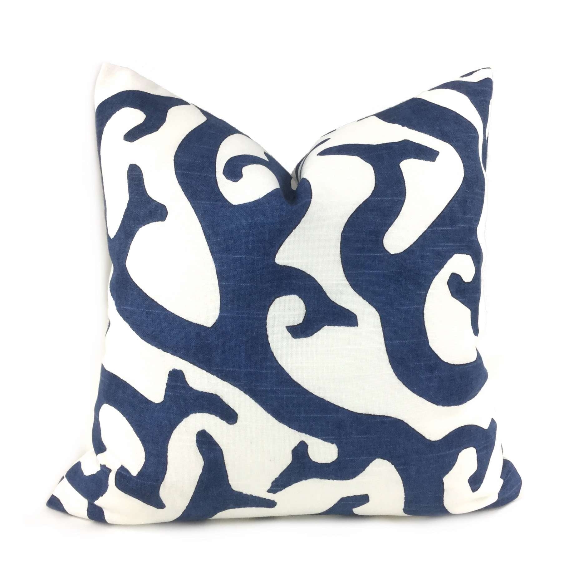 Navy Blue White Coral Reef Cotton Print Pillow Cover