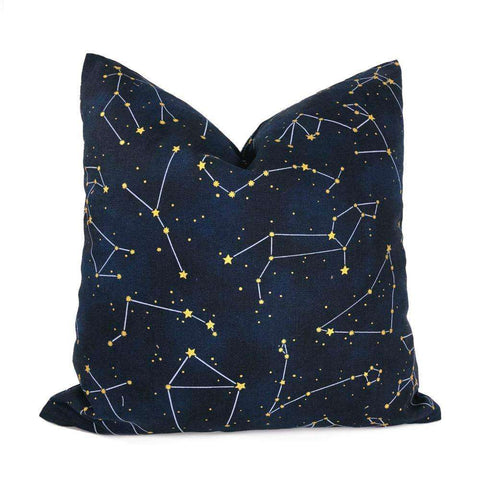Night Sky Stars And Constellations Navy Blue Gold Cotton Print Pillow Cover