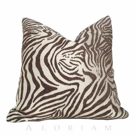 Brown Beige Small Zebra Animal Stripe Chenille Upholstery Pillow Cushion Cover