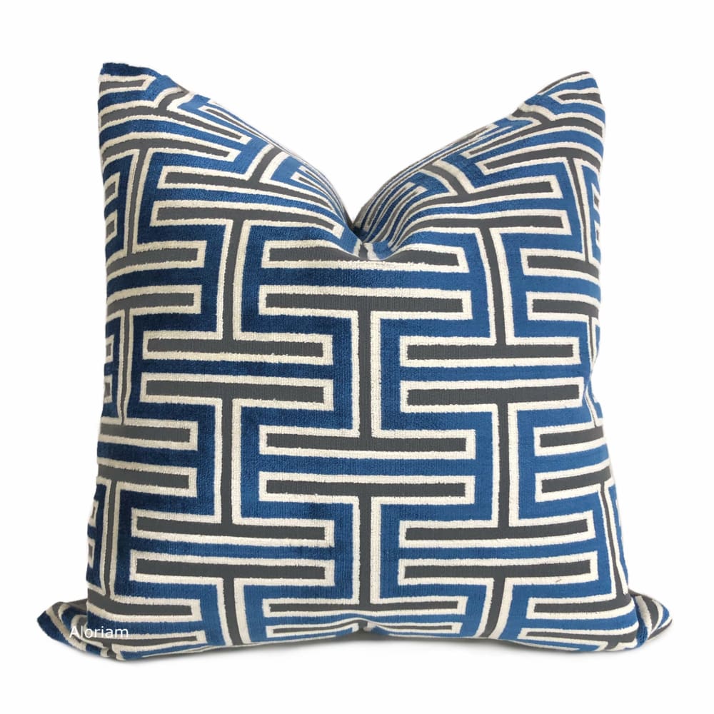 Olympia Marine Blue & Gray Greek Key Geometric Velvet Pillow Cover - Aloriam