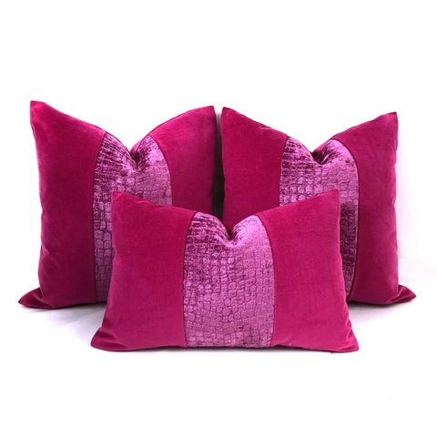 Pink Crocodile Panel Velvet Pillow Cover Cushion Pillow Case Euro Sham 16x16 18x18 20x20 22x22 24x24 26x26 28x28 Lumbar Pillow 12x18 12x20 12x24 14x20 16x26 by Aloriam