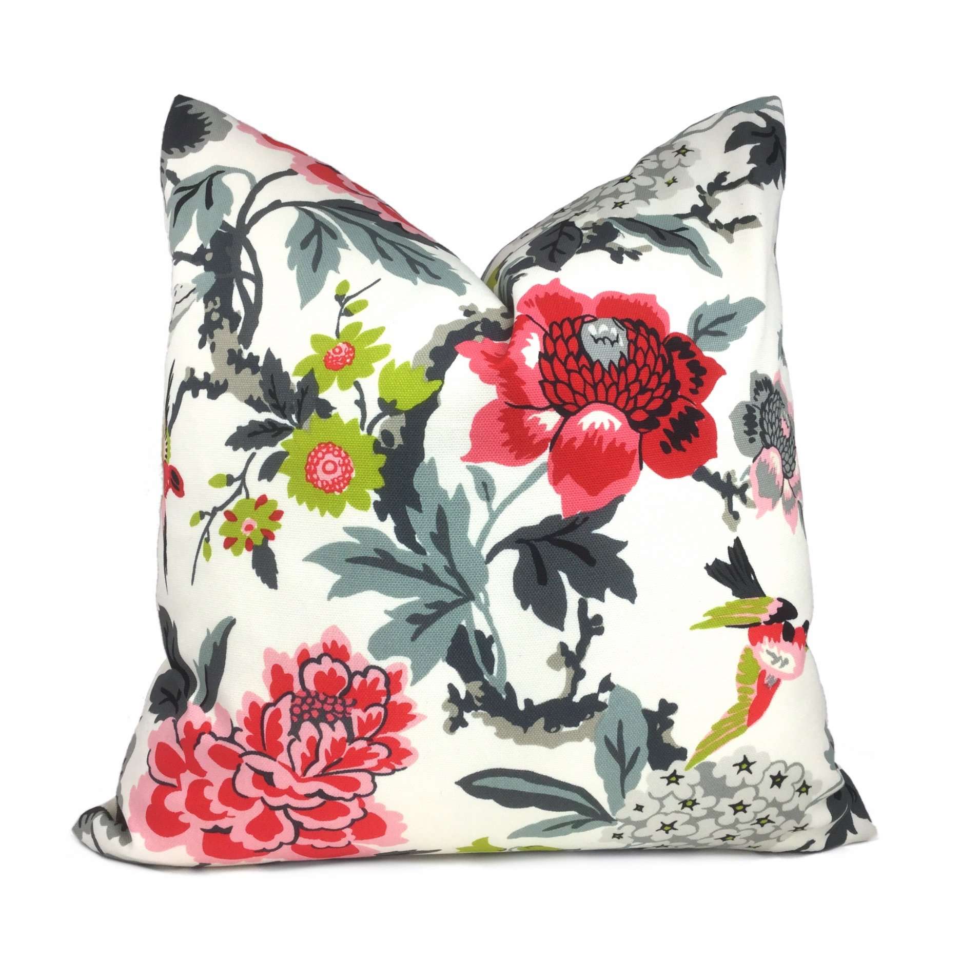 Pink Gray Cream Floral Birds Cotton Print Pillow Cover