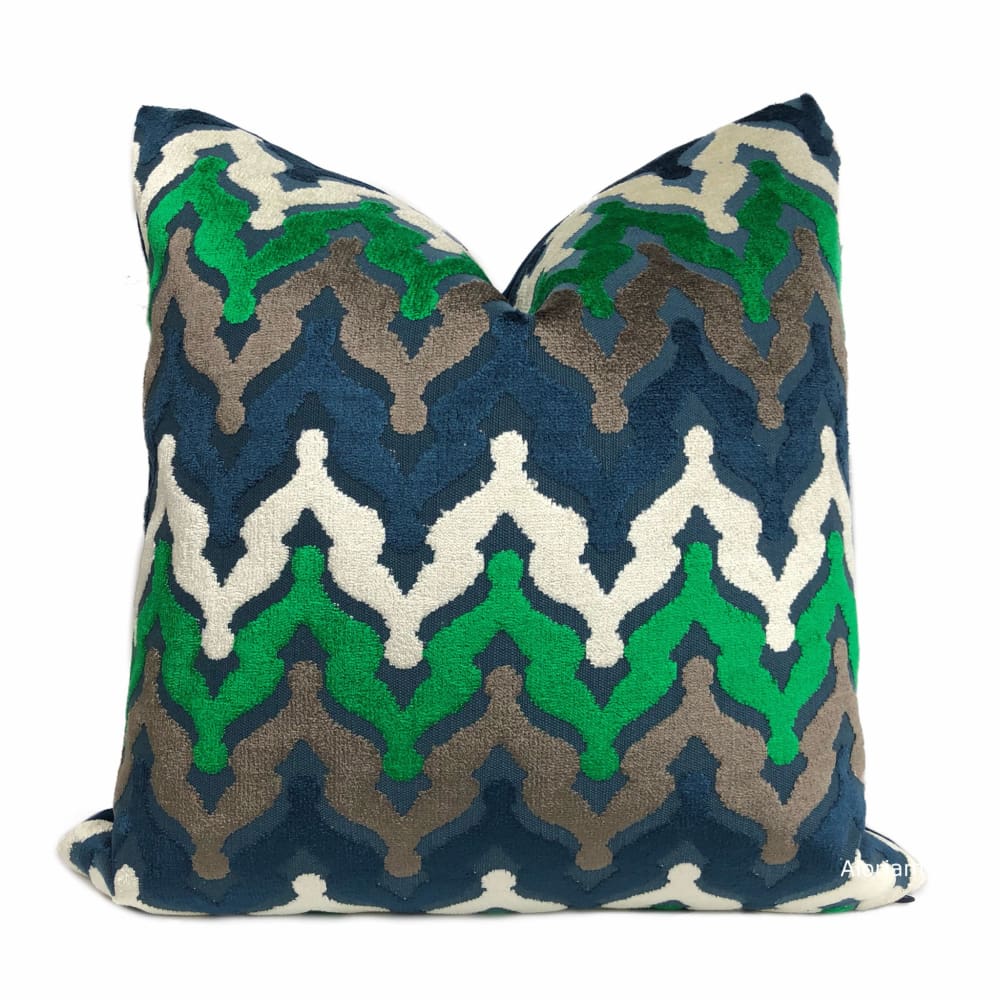 Preston Blue Green Brown Cut Velvet Small Ogee Waves Pillow Cover - Aloriam