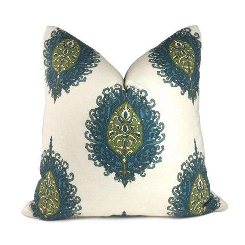 Alfred Shaheen Westminster Blue Green Cream Paisley Medallion Pillow Cover 22x22