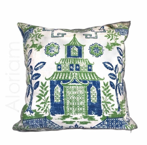 Chinoiserie Asian Oriental Teahouse Green Blue Ivory Pillow Cover by Aloriam