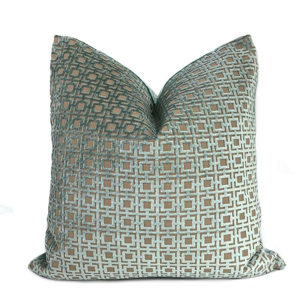 Quattro Mineral Blue-Green Geometric Square Lattice Cut Velvet Pillow Cover