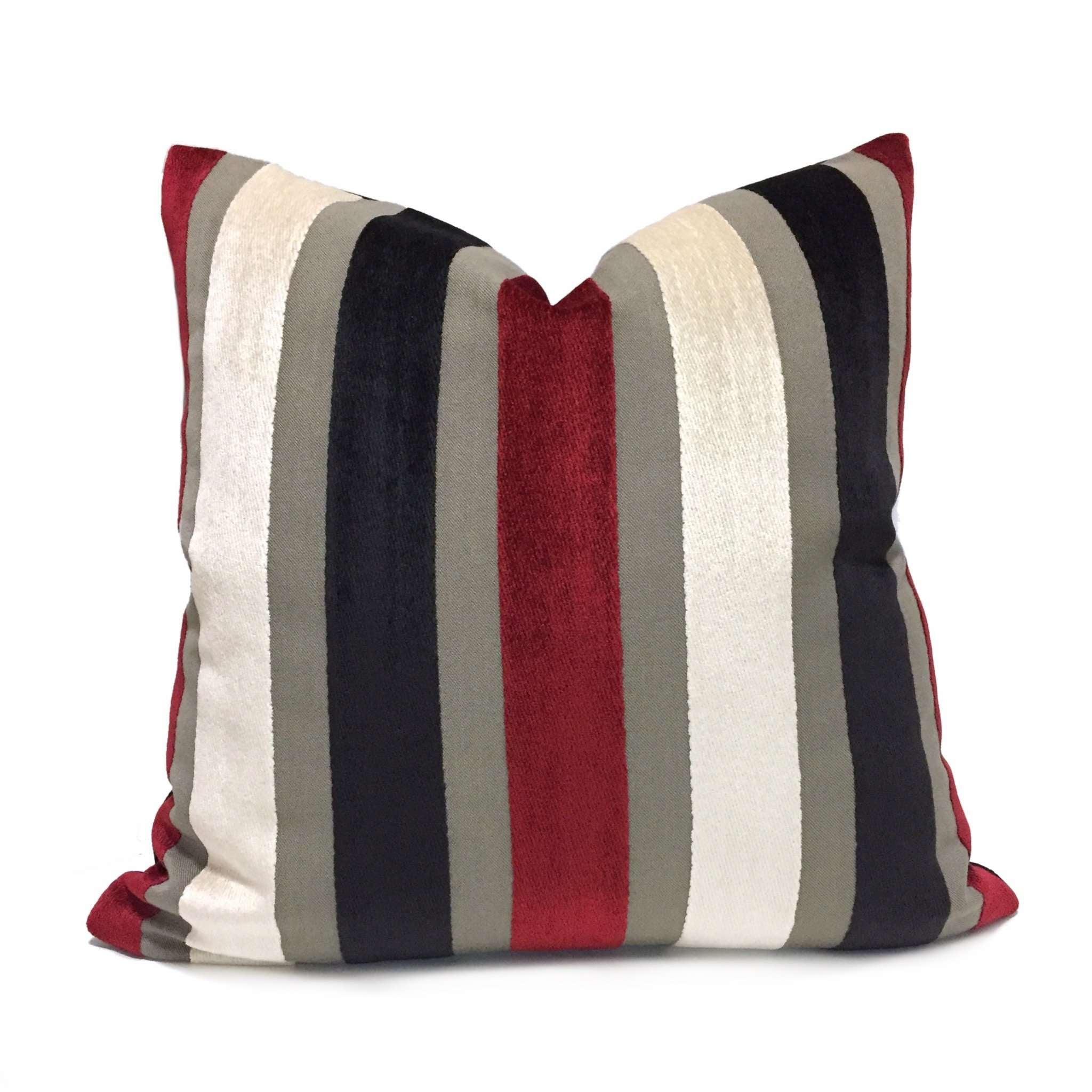 Red Cream Gray Black Velvet Stripe Pillow Cover