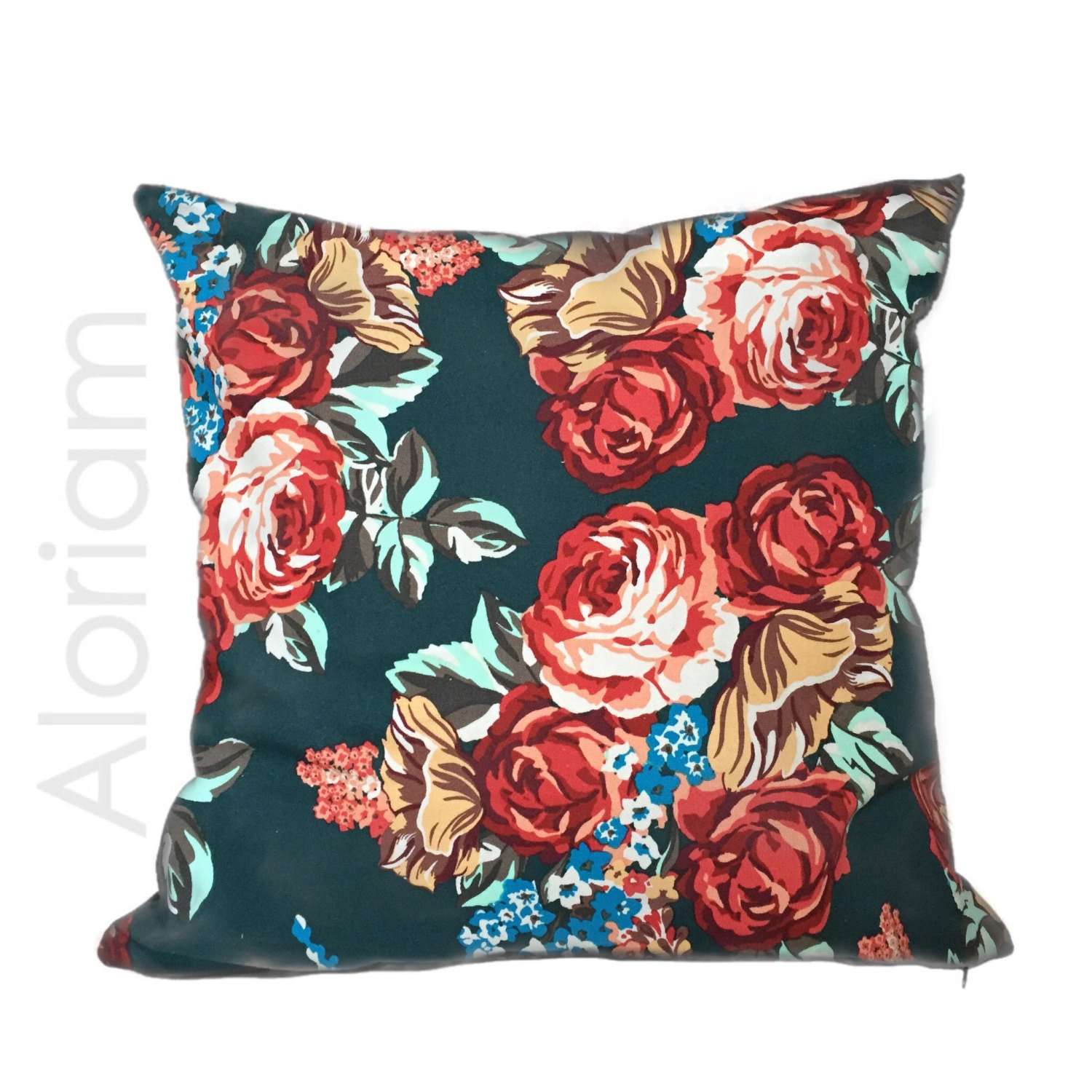 red roses green floral print pillow cushion cover by Aloriam