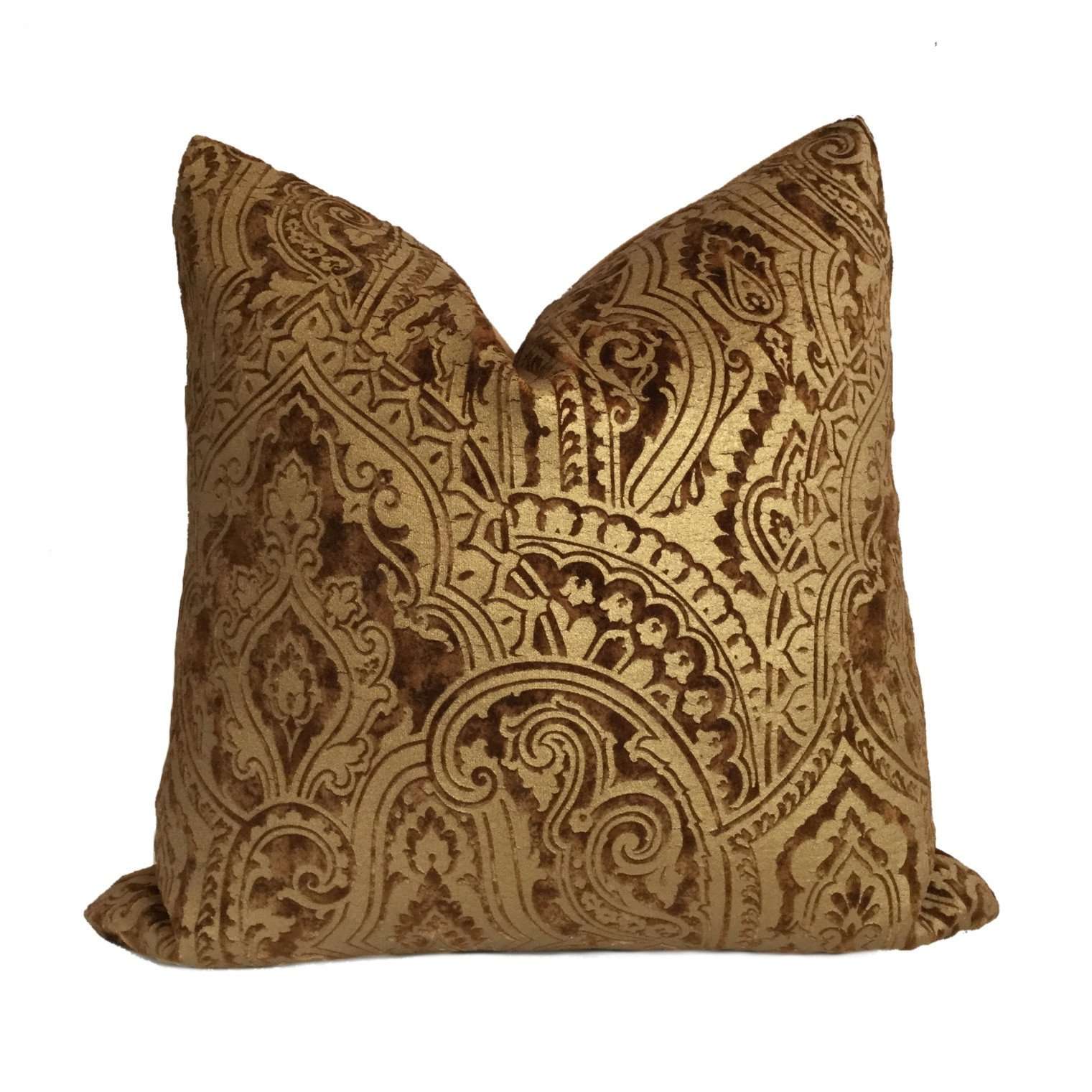 Robert Allen Beacon Hill Gilt Paisley Gold Brown Italian Velvet Pillow Cover Cushion Pillow Case Euro Sham 16x16 18x18 20x20 22x22 24x24 26x26 28x28 Lumbar Pillow 12x18 12x20 12x24 14x20 16x26 by Aloriam