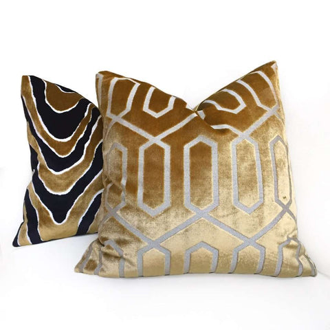 Robert Allen Bengal Lattice Bronze Geometric Italian Cut Velvet Pillow Cover by Aloriam