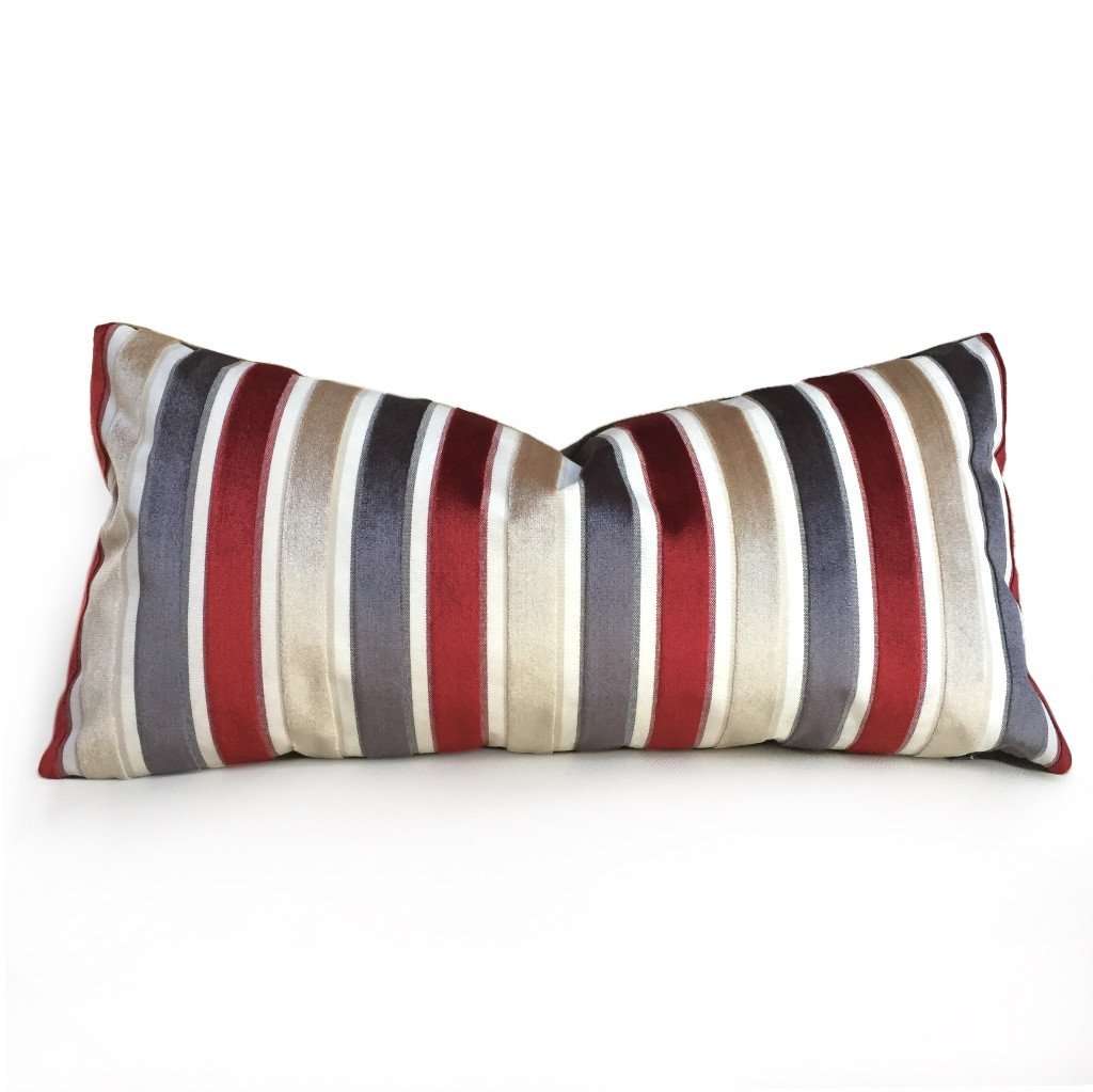 Robert Allen Cut Velvet Stripe Red Gray Beige Cream Pillow Cover by Aloriam