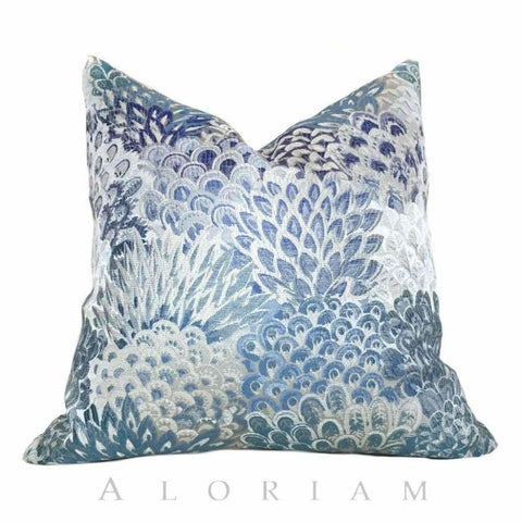 Robert Allen Feather Fans Floral Brocade Cobalt Blue Gray Pillow Cushion Cover