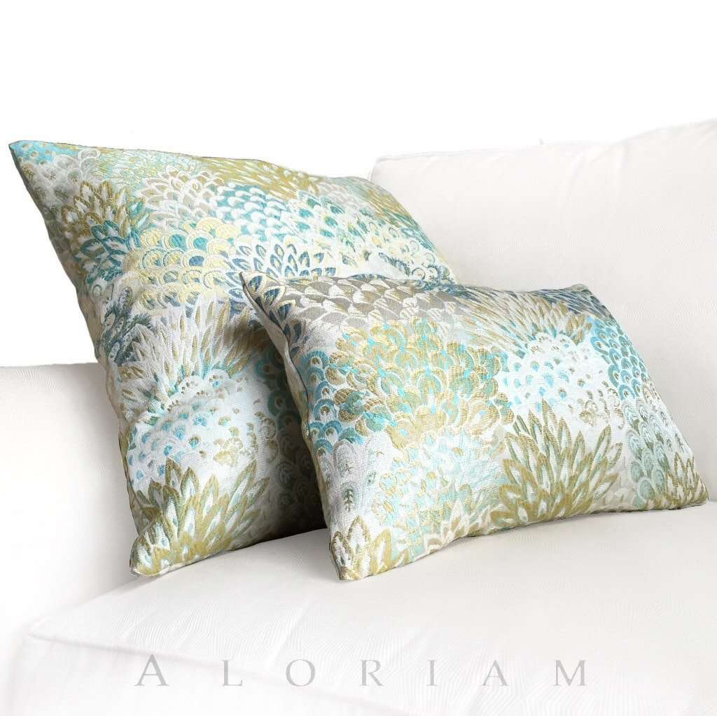 Robert Allen Feather Fans Floral Brocade Viridian Citrine Blue Turquoise Pillow Cushion Cover