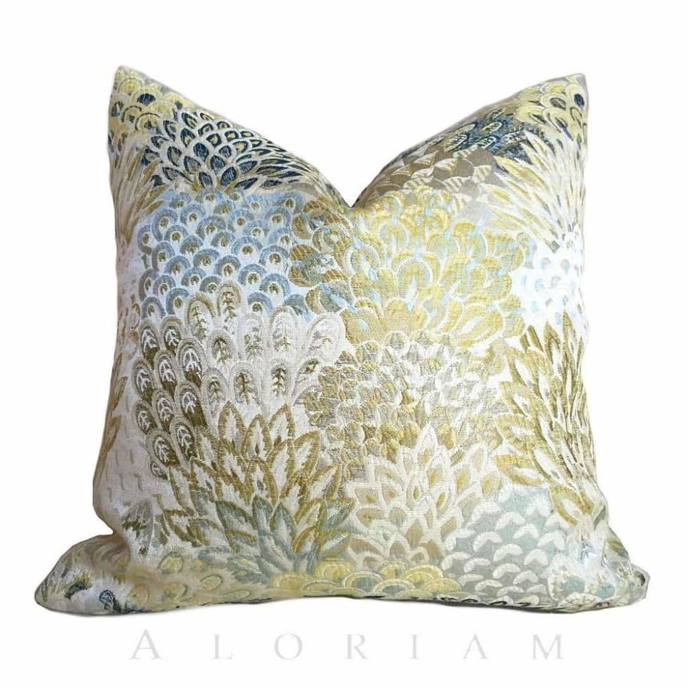 Robert Allen Feather Fans Zest Floral Brocade Blue Citrine Yellow Beige Pillow Cushion Cover - Aloriam