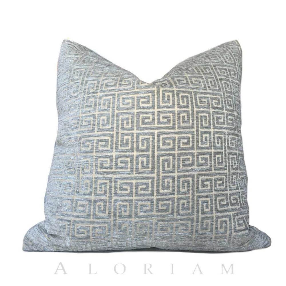 Robert Allen Greek Key Geometric Cloudy Blue Gray Velvet Pillow Cushion Cover