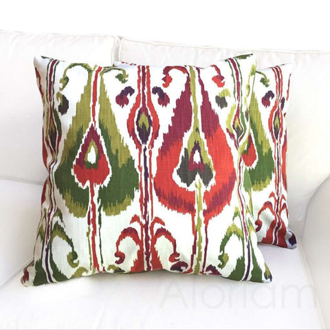 Robert Allen Ikat Bands Green Red Ivory Decorative Throw Pillow Cushion Cover Cushion Pillow Case Euro Sham 16x16 18x18 20x20 22x22 24x24 26x26 28x28 Lumbar Pillow 12x18 12x20 12x24 14x20 16x26 by Aloriam