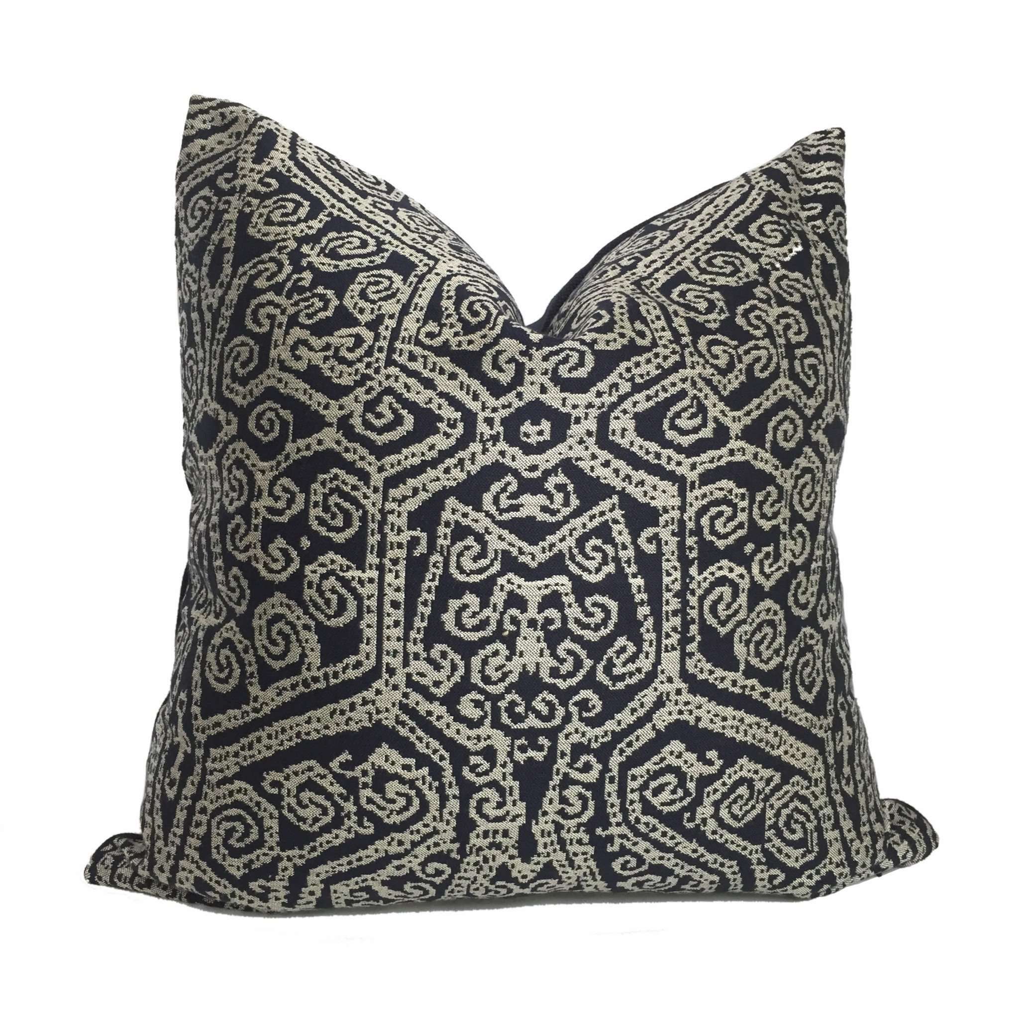 Robert Allen Lady Tara Navy Blue Beige Ethnic Motif Decorative Throw Pillow Cover by Aloriam