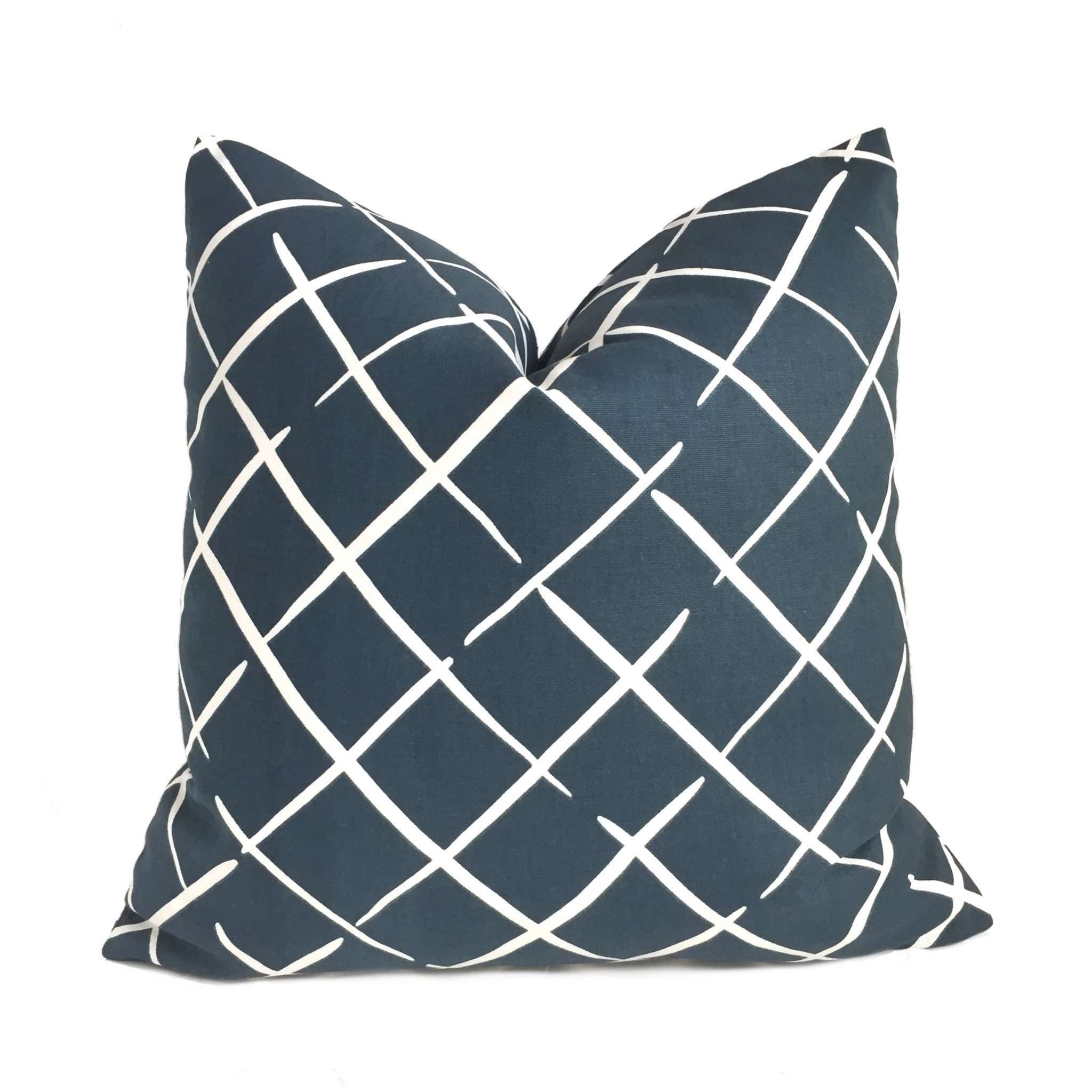 Robert Allen Madcap Cottage Cove End Navy Blue White Lattice Geometric Grid Pillow Cover by Aloriam