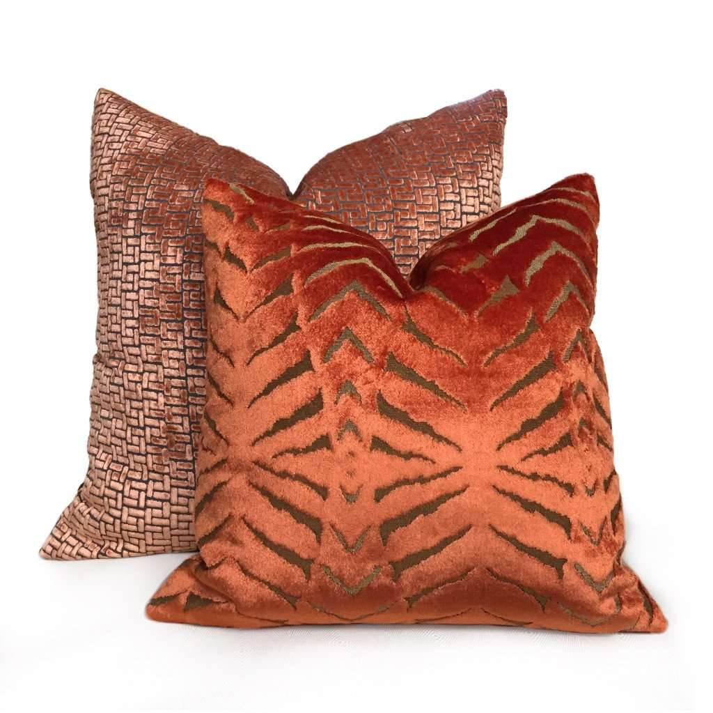 Robert Allen Magnetism Fire Opal Burnt Orange Italian Cut Velvet Pillow Cover by Aloriam