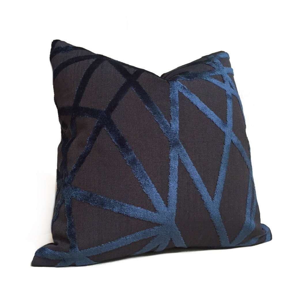 Robert Allen Modern Black Navy Blue Velvet Lines Throw Pillow Cover